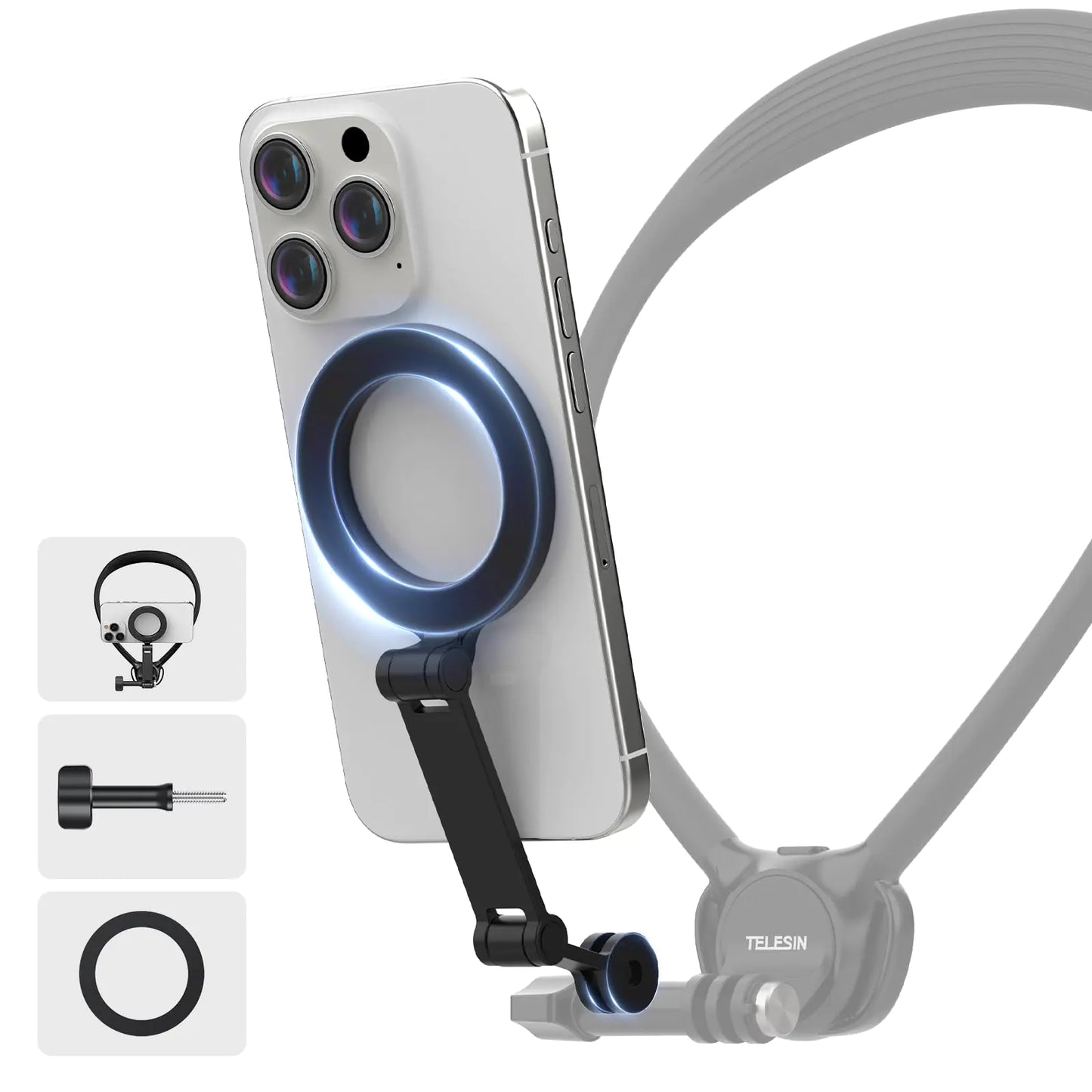 Magnetic Phone Holder for iPhone Android Three-Section Rotating Rod Hand Free POV/Vlog Selfie Mount Expansion Accessories for Chest Straps Neck Mount Mobile Phone with Anti-Lost Rope