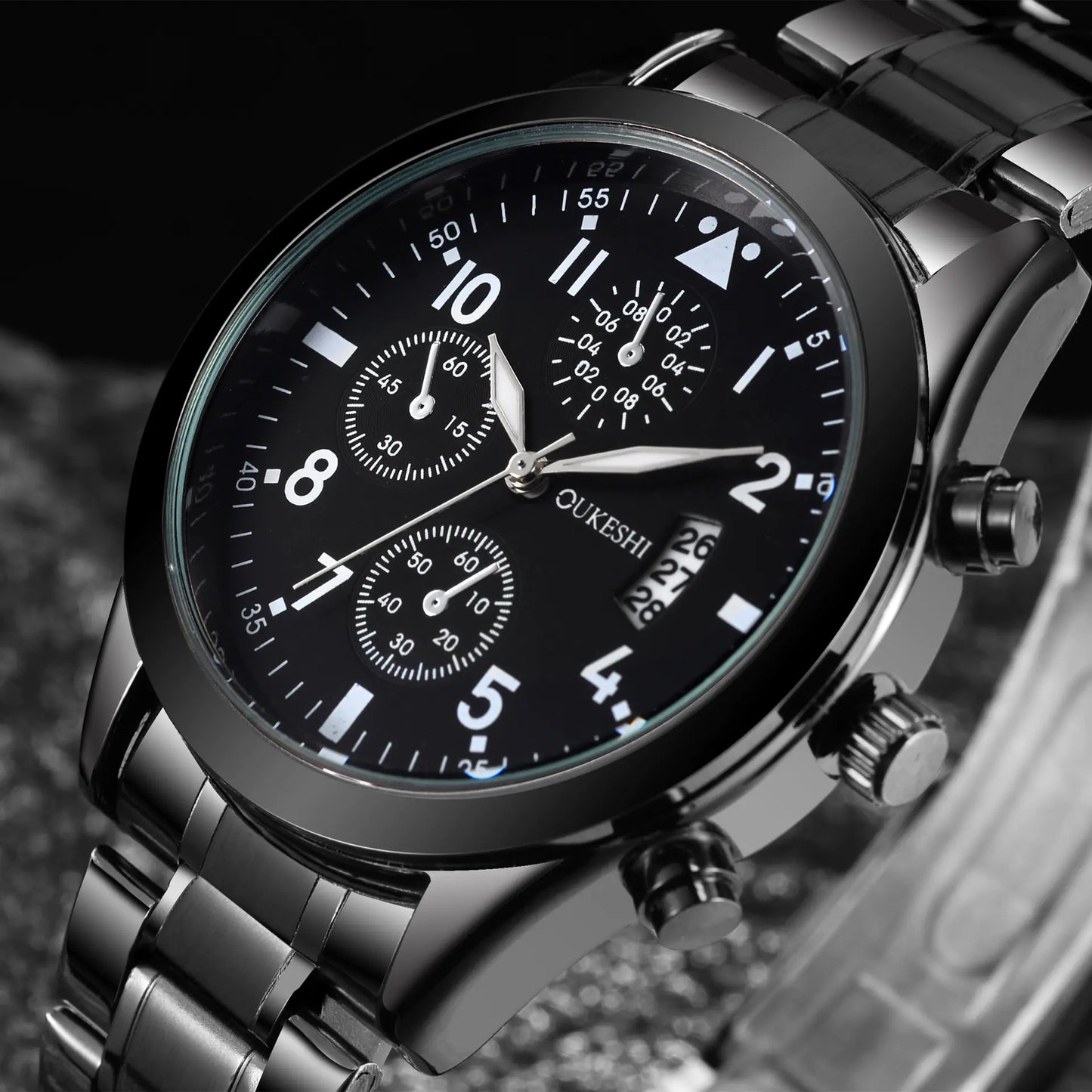 Men's Waterproof Calendar Watch with Black Steel Band