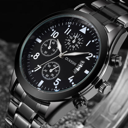 Men's Waterproof Calendar Watch with Black Steel Band