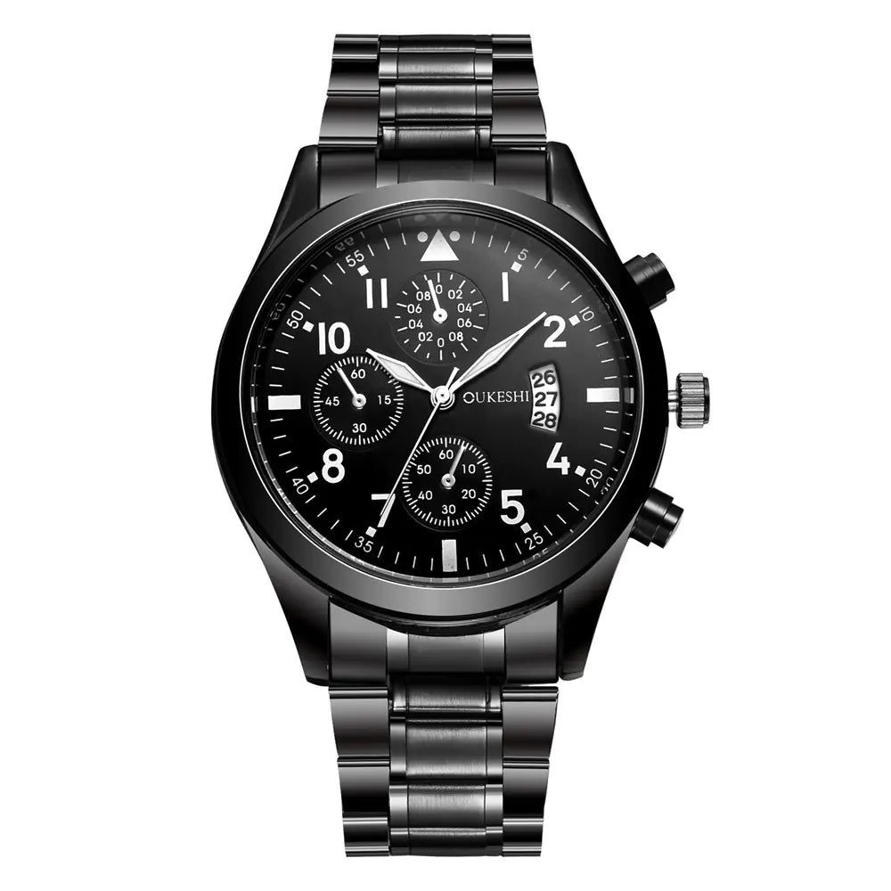 Men's Waterproof Calendar Watch with Black Steel Band
