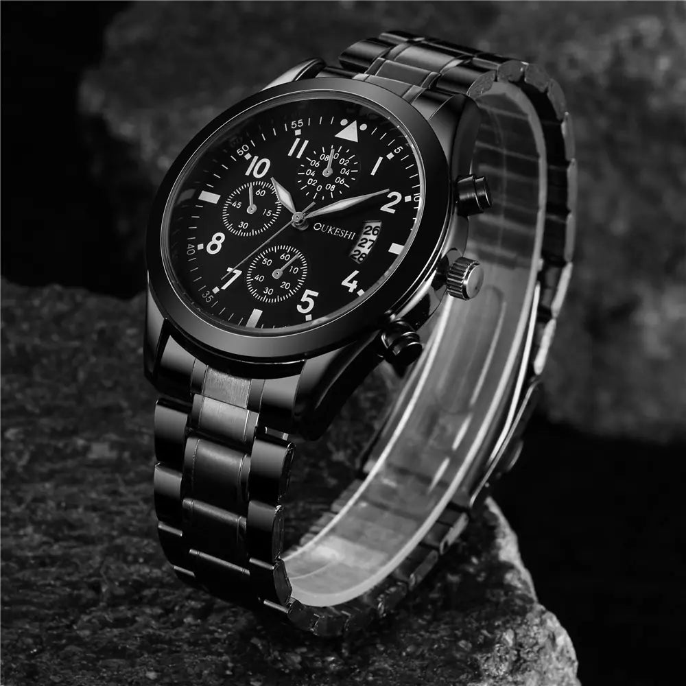Men's Waterproof Calendar Watch with Black Steel Band