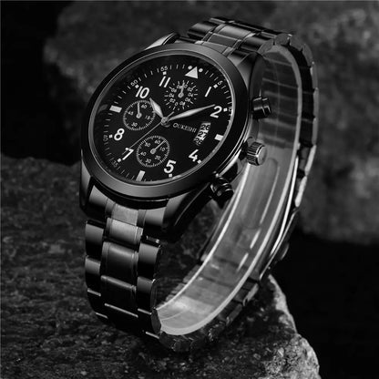 Men's Waterproof Calendar Watch with Black Steel Band