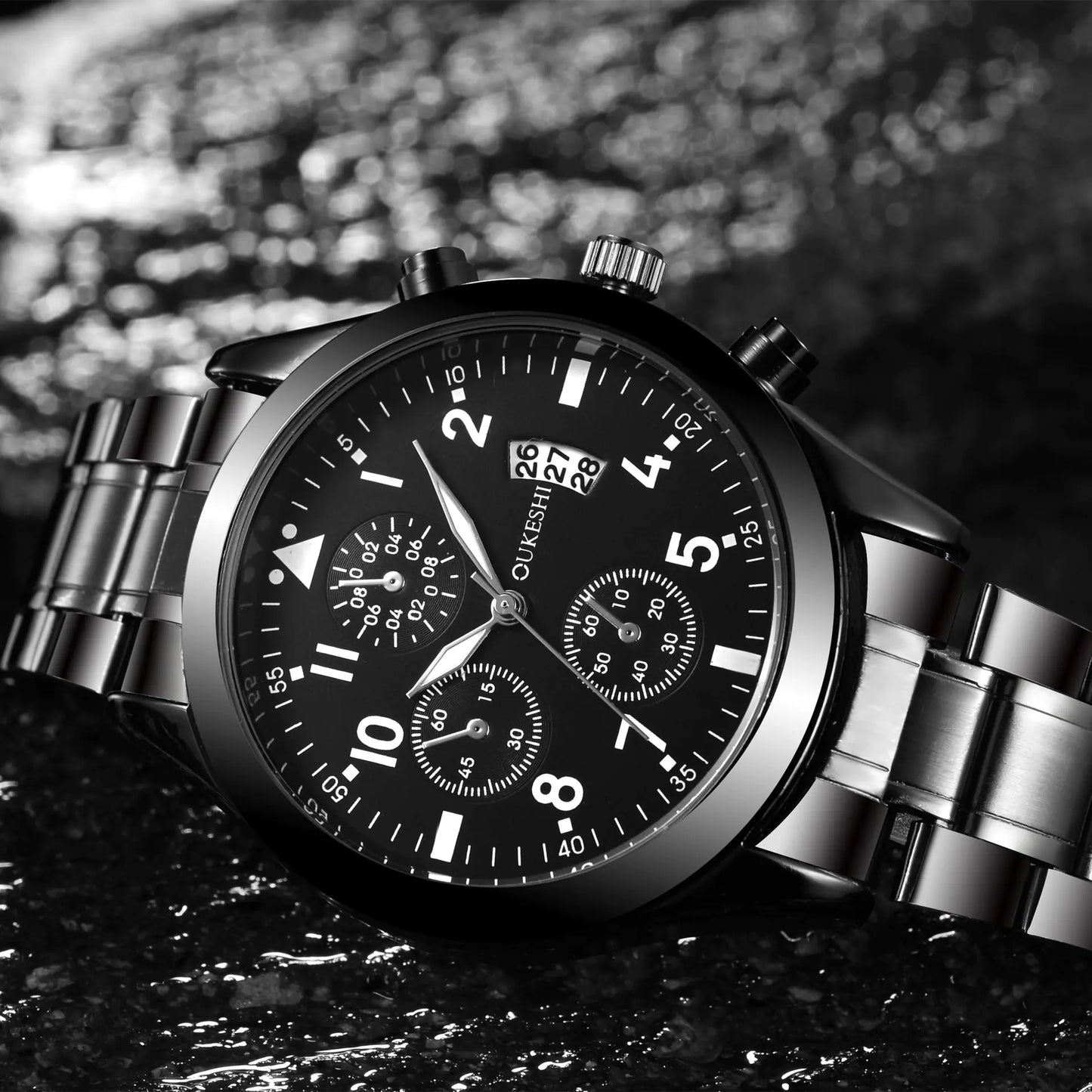 Men's Waterproof Calendar Watch with Black Steel Band