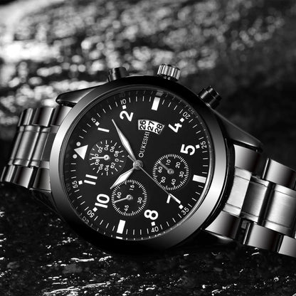 Men's Waterproof Calendar Watch with Black Steel Band