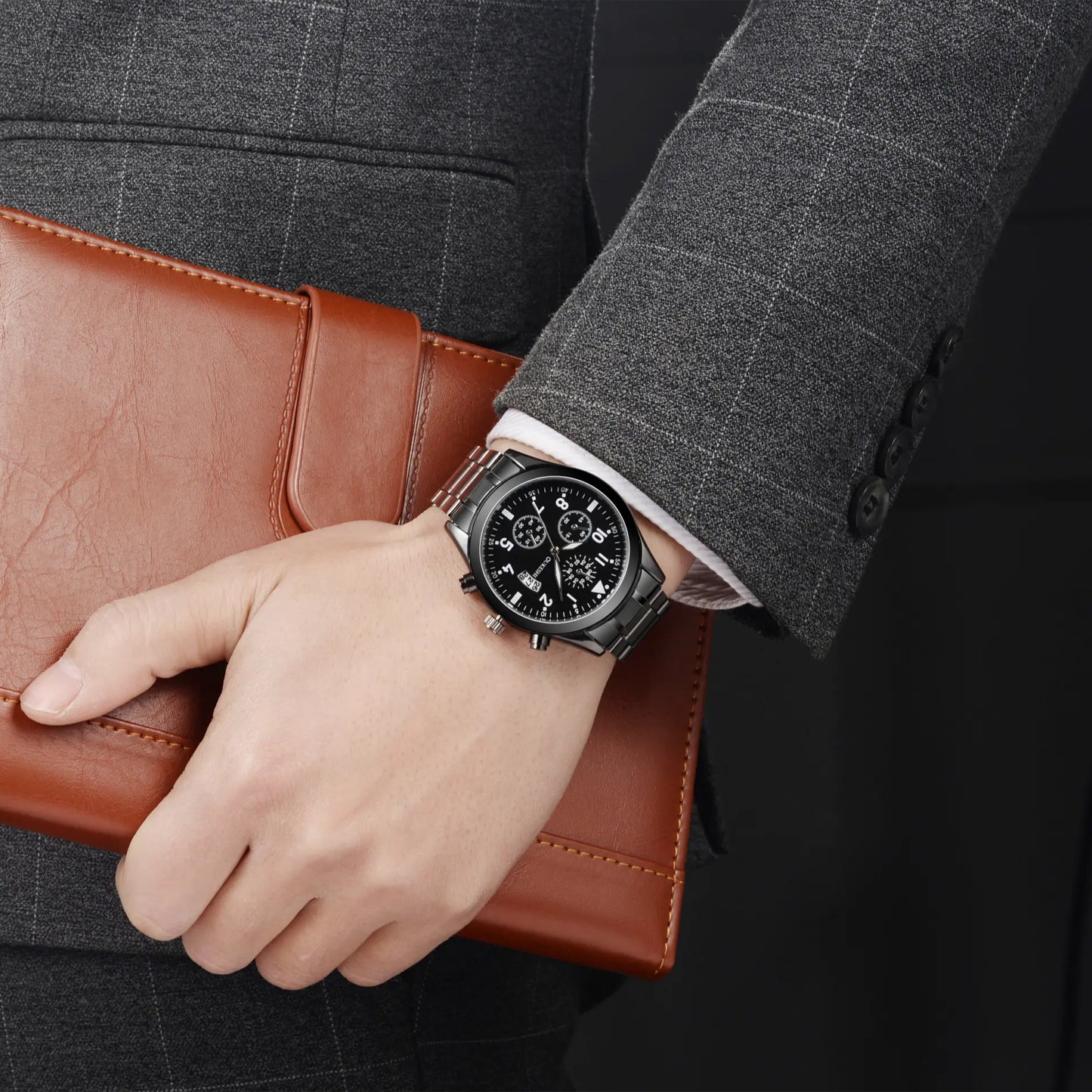 Men's Waterproof Calendar Watch with Black Steel Band